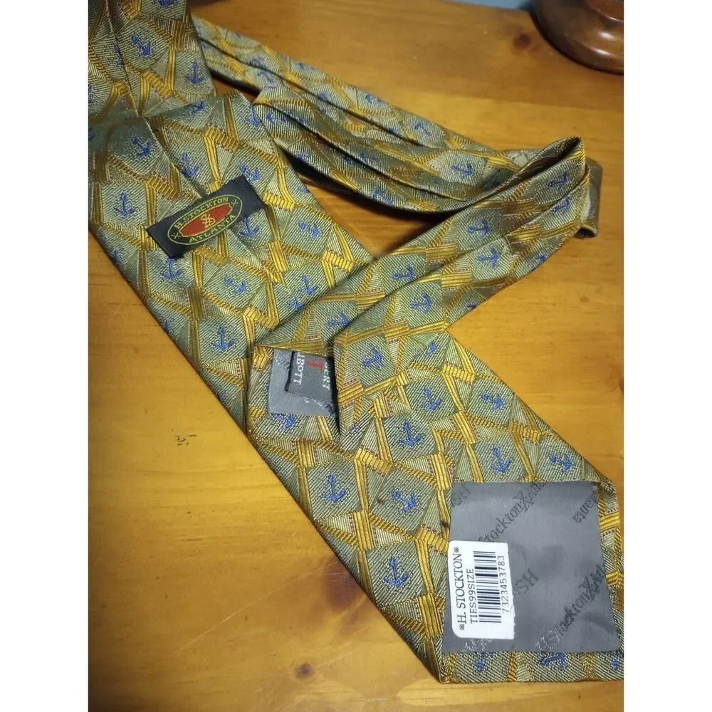 H. Stockton Atlanta NEW Neck Tie Silk Face‎ Gold and Blue Anchor Print